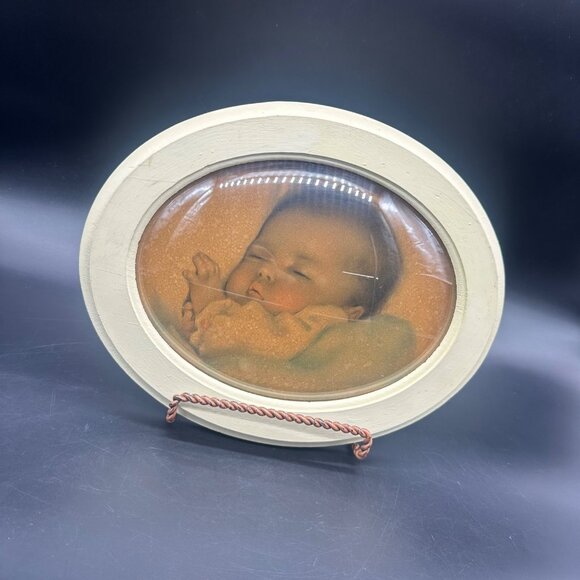 Vintage Baby Picture Convex Domed Glass Wooden Oval Frame Wall Hanging Decor - Picture 1 of 8